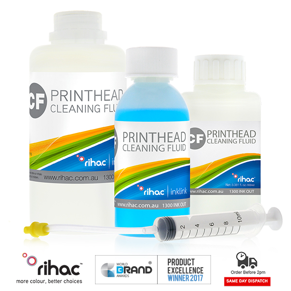 powerful inkjet printer printhead cleaning solution from rihac active enzyme print head cleaning liquid kit for all printers piezo or thermal.  Multi award winning product