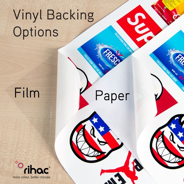 inkjet printable vinyl in pearl matte or gloss with choice of clear film or plain paper backing sheet