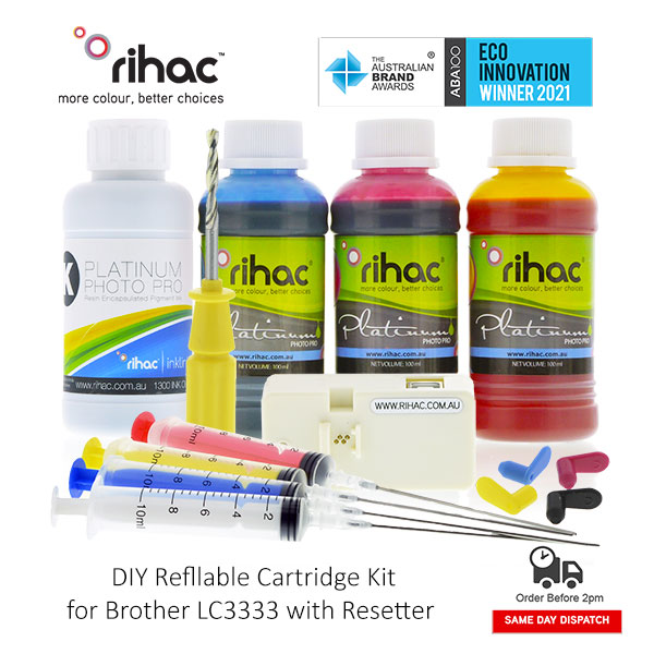 Brother LC3317 LC3319 refillable cartridges with resettable chips for MFC-J5330DW MFC-J5730DW MFC-J6530DW MFC-J6730DW MFC-J6930DW and usb powered chip resetter by rihac instructional infographic how to convert LC-333 cartridges to refillable cartridges